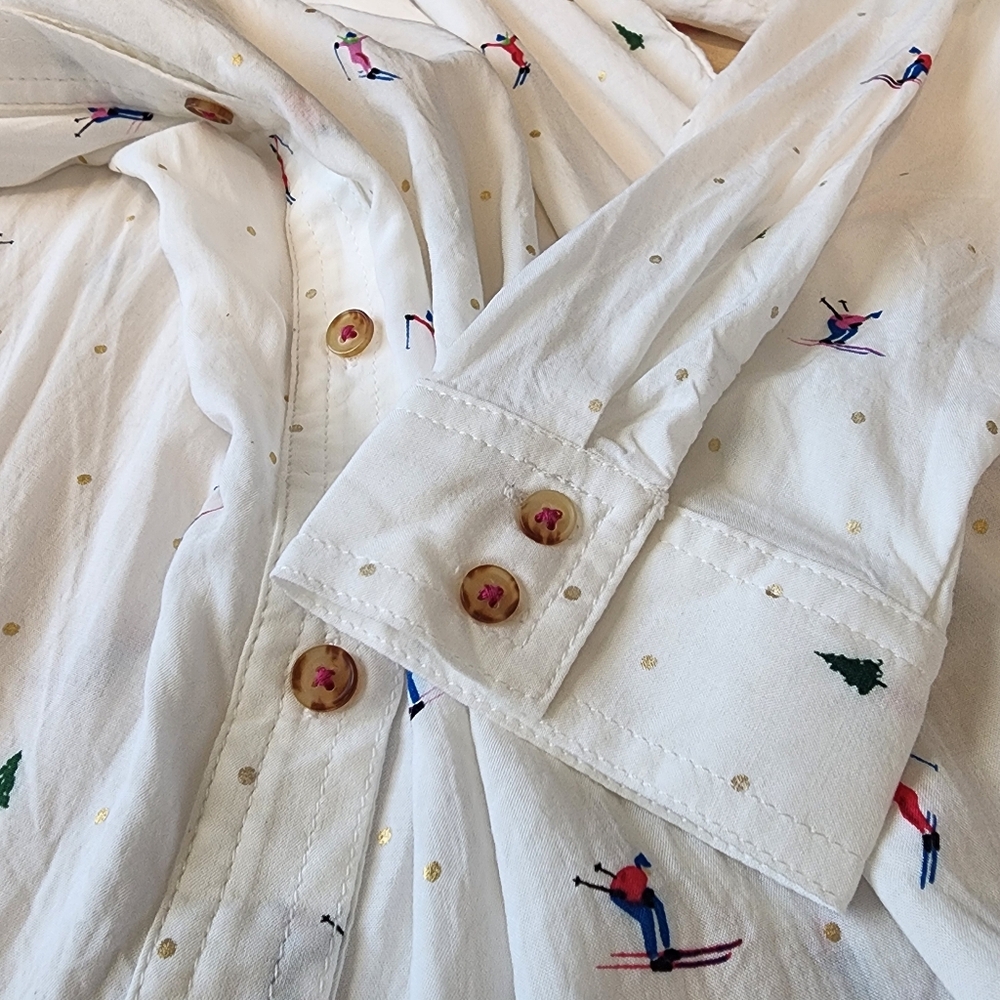 Anthropologie 23 of 52 Conversations Novelty Ski Winter Scene Button Up Blouse - Picture 8 of 15